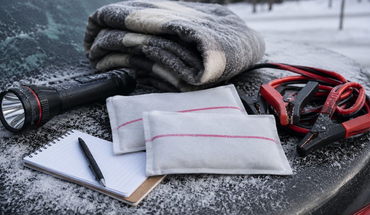 Vehicle emergency preparedness kit with UniHeat heat packs during winter conditions