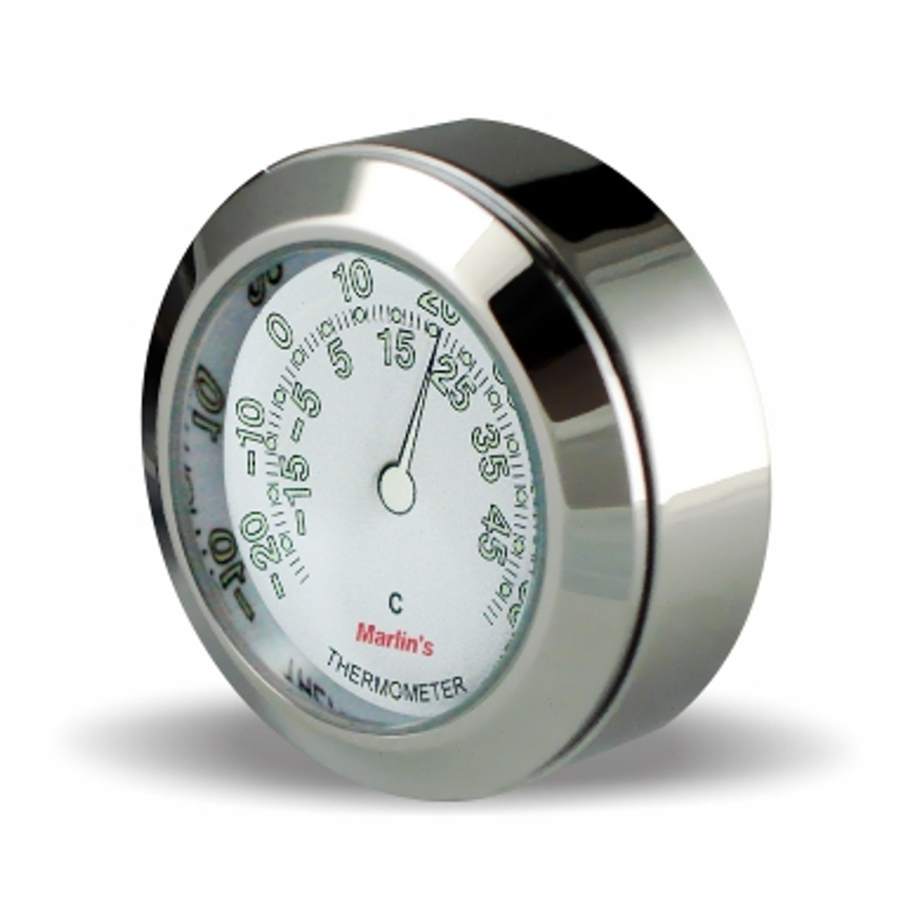 Marlin's Chrome Motorcycle Thermometer TOCS Multi-Purpose Tape / Screw On  with Radiant White Thermometer (Celsius Scale) 