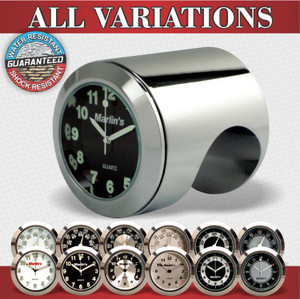 Marlin's Chrome or Black Talon Motorcycle Handlebar Mount with Clock or Thermometer Marlin's Chrome or Black Talon Motorcycle Handlebar Mount with Clock or Thermometer