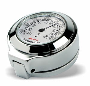 Marlin's Chrome Motorcycle Thermometer for Harley Davidson Road King Flip Fork Lock Key Cover with Radiant White (Fahrenheit /Small Celsius Scale) Face