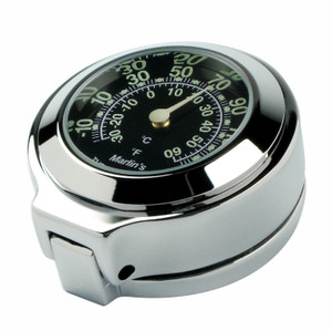 Marlin's Chrome Motorcycle Thermometer for Harley Davidson Road King Flip Fork Lock Key Cover with Traditional Black (Fahrenheit /Small Celsius Scale) Face