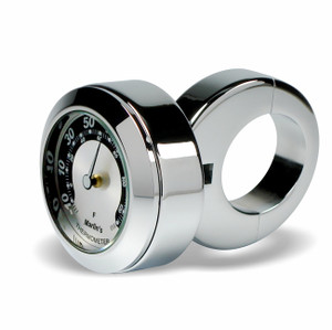 Marlin's Chrome Motorcycle Thermometer Classic Adjustable Ring Style Handlebar Mount with Black and Silver Horseshoe (Fahrenheit Scale) Face Marlin's Chrome Motorcycle Thermometer Classic Adjustable Ring Style Handlebar Mount with Black and Silver Horseshoe (Fahrenheit Scale) Face