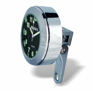 Marlin's Chrome Motorcycle Perch Clamp - Brake/Clutch - Windshield Mount with Traditional Black Clock Face Marlin's Chrome Motorcycle Perch Clamp - Brake/Clutch - Windshield Mount with Traditional Black Clock Face