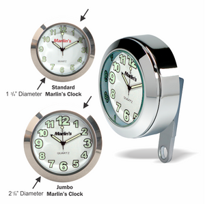 Marlin's Motorcycle Clock Limited Edition JUMBO Perch Clamp - Brake/Clutch - Windshield Mount with Radiant White Clock Face