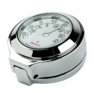 Marlin's Chrome Motorcycle Thermometer for Harley Davidson Road King Flip Fork Lock Key Cover with Radiant White (Celsius Scale) Face