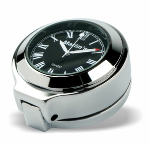 Marlin's Chrome Motorcycle Clock for Harley Davidson Road King Flip Fork Lock Key Cover with Limited Edition Black Roman Numeral Face