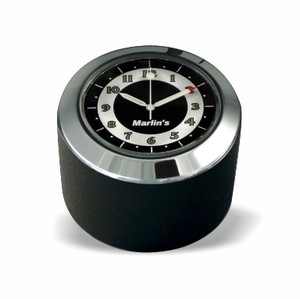Marlin's Black Motorcycle Clock FSBC1 Billet Fork Stem Mount Fits Pre 2010 Sportsters® - Pre ‘06 Dynas® - Fits Metric & Customs with Added Adapter with RETRO Black and White Clock Face
