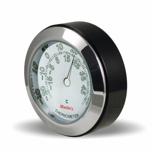 Marlin's Black Motorcycle Thermometer CHAMP Mount (Control Housing with Adjustable Mounting Position) with Radiant White Thermometer (Celsius Scale) Face Marlin's Black Motorcycle Thermometer CHAMP Mount (Control Housing with Adjustable Mounting Position) with Radiant White Thermometer (Celsius Scale) Face