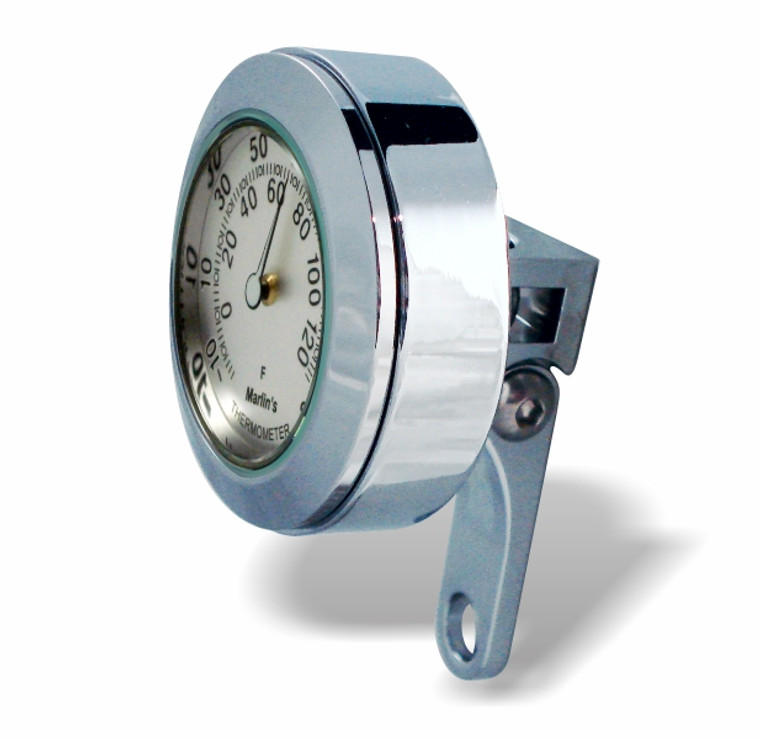 Marlin's Chrome Perch Clamp - Brake/Clutch - Windshield Mount with Brushed Aluminum (Fahrenheit Scale)Thermometer Face