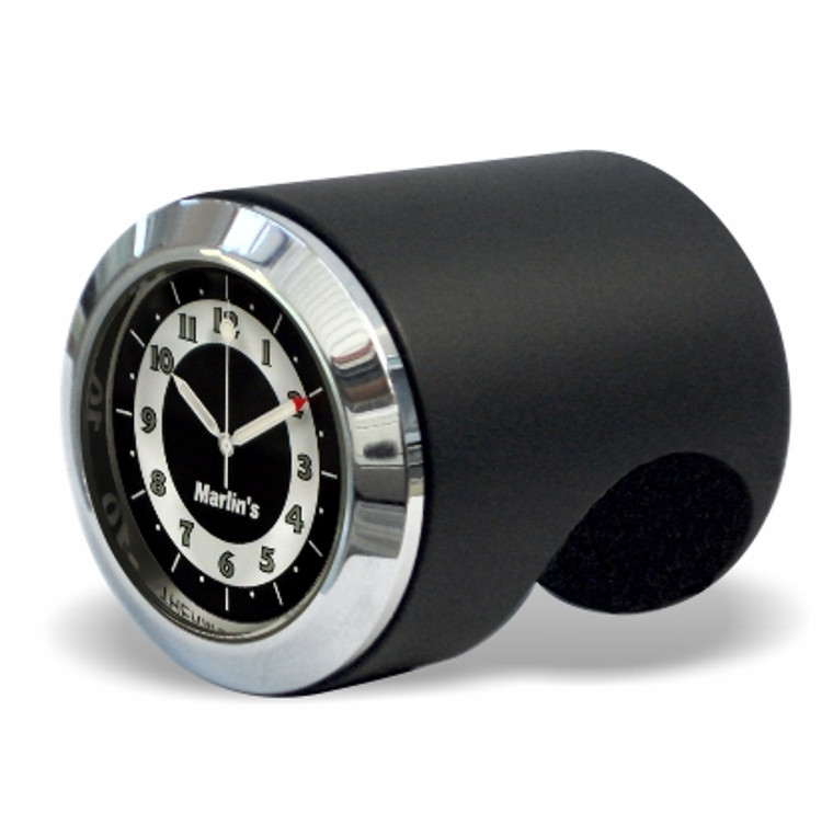 Marlin's Black Motorcycle Clock Talon Motorcycle Handlebar Mount with RETRO Black and White Face