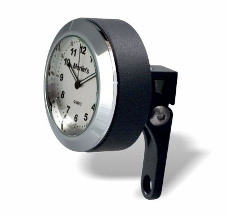 Marlin's Black Mount Motorcycle Perch Clamp - Brake/Clutch - Windshield Mount with Brushed Aluminum Clock Face