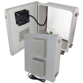 14x12x6 NEMA Fiberglass Weatherproof Vented WiFi Enclosure with Polyester Equipment Mounting Plate, Cooling Fan, 120 VAC Outlets & Power Cord
