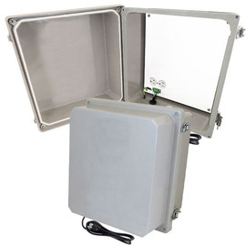 14x12x10 NEMA Fiberglass Weatherproof Vented WiFi Enclosure with Polyester Equipment Mounting Plate Cooling Fan 120 VAC Outlets & Power Cord