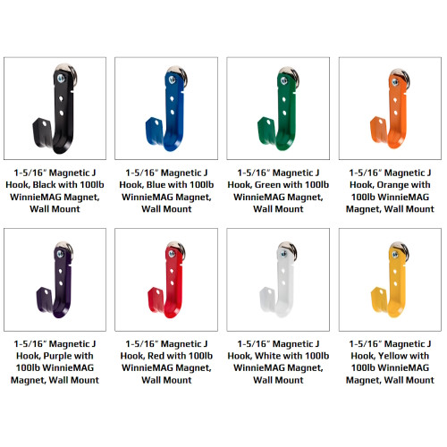 J-JH21MAG 1-5/16" J Hook with 100 LB Magnet Side Mount Colors J-JH21MAG 1-5/16" J Hook with 100 LB Magnet Side Mount Colors