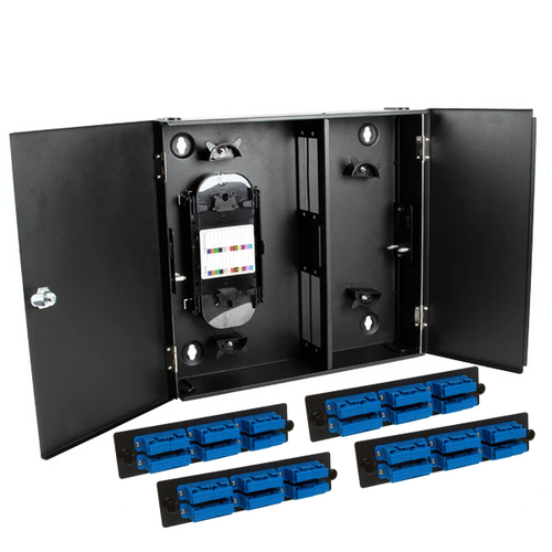 48SC SM/UPC Fiber 4 Panel Wall Enclosure Locking Splice Tray Spools 48SC SM/UPC Fiber 4 Panel Wall Enclosure Locking Splice Tray Spools