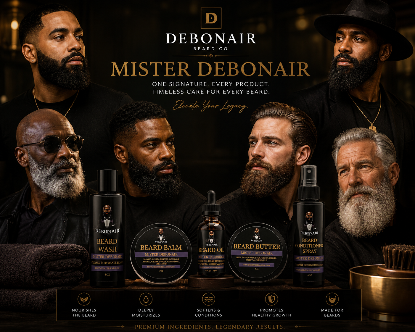 Debonair Beard Co. — Mister Debonair. One signature, every product, timeless care for every beard.