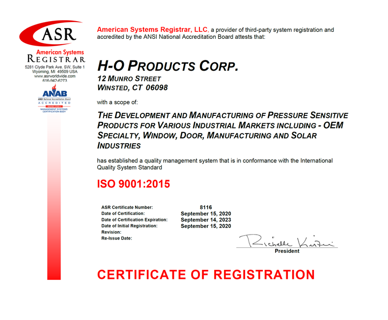 H-O Products Announces ISO 9001:2015 Certification