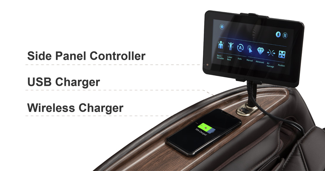 AmaMedic Hilux Massage Chair, Side Panel Controller, USB Charger, Wireless Charger