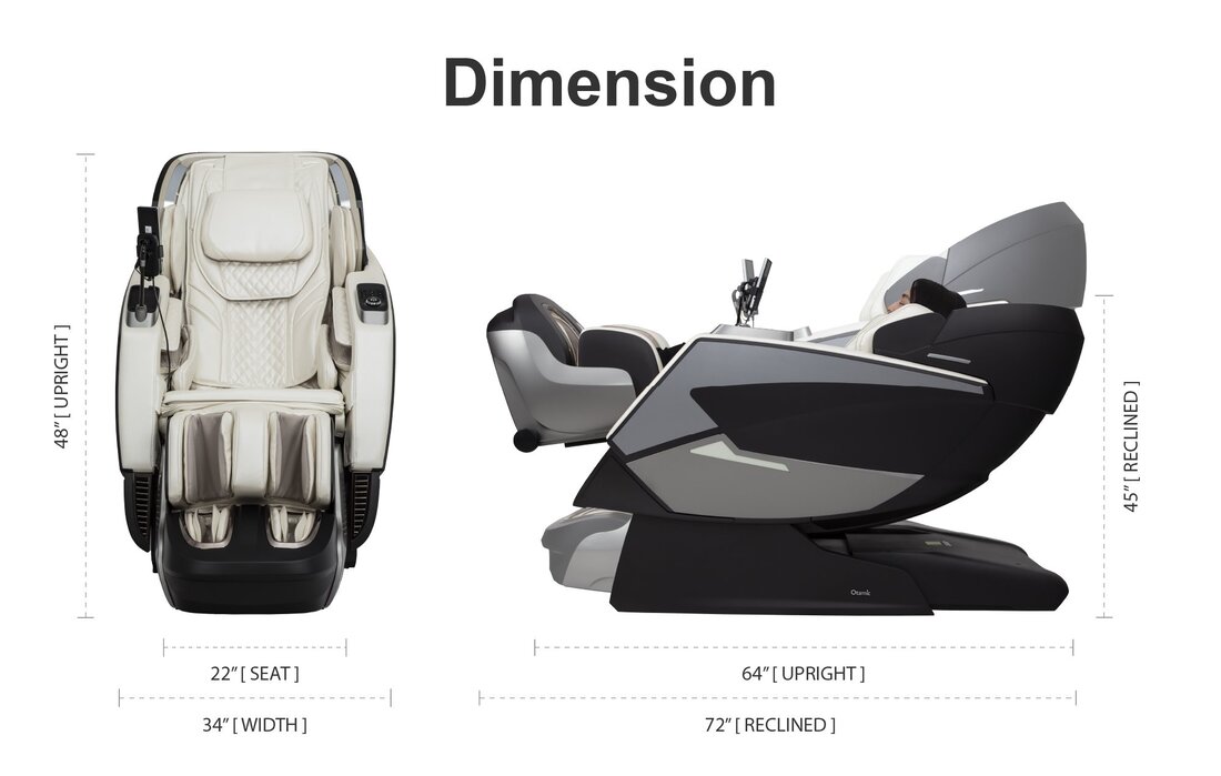 Otamic 4D Sedona LT Massage Chair, Upright & Reclined Dimensions