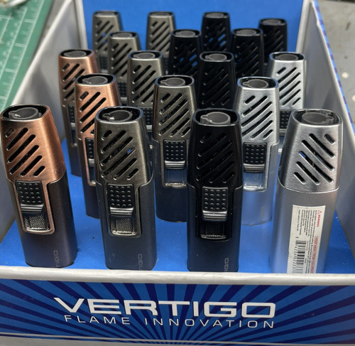 Vertigo  Gnome Single Flame Torch Lighter - Black, Gunmetal, Chrome, and Brown.