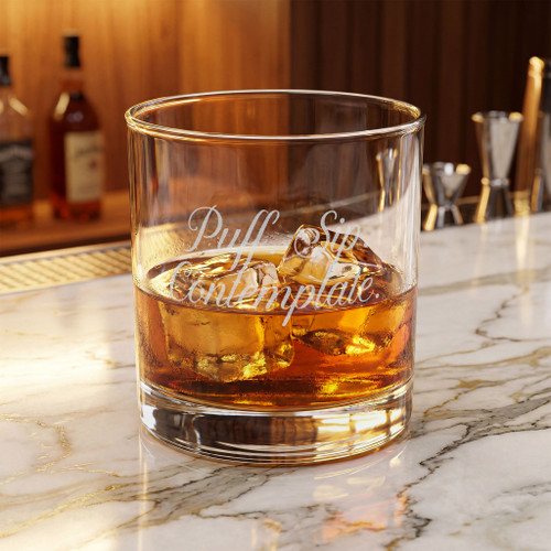 Engraved Whiskey Glass — "Puff. Sip. Contemplate." 10.5 oz Classic Rocks Glass Drinkware Pipe Palace Pipes and Turnings