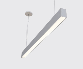 GlowbackLED LVLBP23 8ft Linear LED Pendant fixture shown in satin aluminum finish. Available in 605 lumens per foot or 1200 lumens per foot