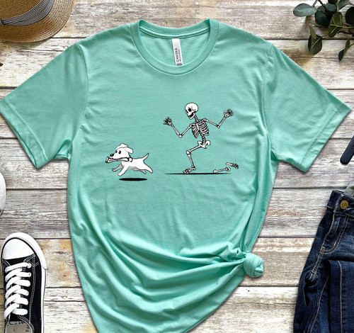 Skeleton chasing dog in color heather mint closeup Skeleton chasing dog in color heather mint closeup