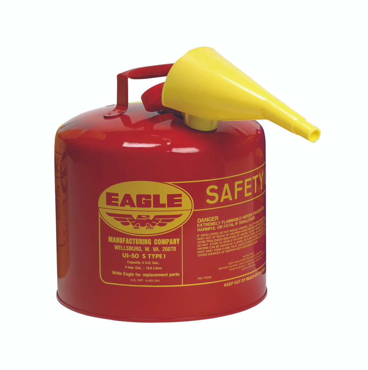 Eagle UI-50-FS Red Galvanized Steel Type I Gasoline Safety Can with Funnel 5