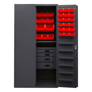 DURHAM 3501584RDR-1795, Cabinet, 13 shelf, 58 red bins
