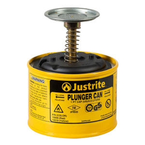 JUSTRITE 1 Pint Steel Plunger Dispensing Can, Perforated Pan Screen Serves as Flame Arrester, Yellow - 10018 JUSTRITE 1 Pint Steel Plunger Dispensing Can, Perforated Pan Screen Serves as Flame Arrester, Yellow - 10018