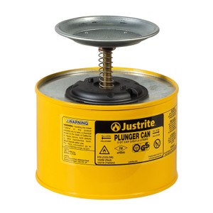 JUSTRITE 2 Quart Steel Plunger Dispensing Can, Perforated Pan Screen Serves as Flame Arrester, Yellow - 10218 JUSTRITE 2 Quart Steel Plunger Dispensing Can, Perforated Pan Screen Serves as Flame Arrester, Yellow - 10218