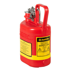 JUSTRITE 1 Gallon Plastic Safety Can for Flammables, Oval, Flame Arrester, Stainless Steel Hardware, Red - 14160 JUSTRITE 1 Gallon Plastic Safety Can for Flammables, Oval, Flame Arrester, Stainless Steel Hardware, Red - 14160