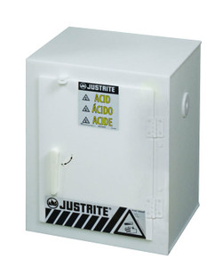 JUSTRITE Holds Six 2.5-Liter Bottles, 1 Door, Manual Close, Corrosives/Acids Plastic Safety Cabinet, Countertop, White - 24004 JUSTRITE Holds Six 2.5-Liter Bottles, 1 Door, Manual Close, Corrosives/Acids Plastic Safety Cabinet, Countertop, White - 24004