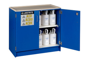JUSTRITE Holds 36, 2.5-Liter Bottles, 1 Shelf, 2 Doors, Manual Close, Wood Laminate Corrosives Safety Cabinet, Under Counter, Blue - 24140 JUSTRITE Holds 36, 2.5-Liter Bottles, 1 Shelf, 2 Doors, Manual Close, Wood Laminate Corrosives Safety Cabinet, Under Counter, Blue - 24140