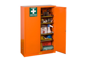 JUSTRITE 4 Shelves, 2 Doors, Manual Close, Emergency Preparedness Cabinet with GloAlert Labels, Orange - 860001