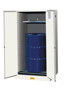 JUSTRITE 55 Gallon, 1 Drum Vertical, 1 Shelf, 2 Doors, Manual Close, Flammable Cabinet w/ Drum Rollers, Sure-Grip® EX, White - 896265