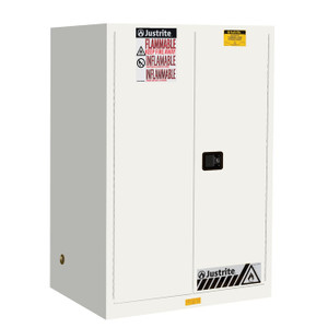 JUSTRITE 90 Gallon, 2 Shelves, 2 Doors, Self Close, Flammable Cabinet, Sure-Grip® EX, White - 899025 JUSTRITE 90 Gallon, 2 Shelves, 2 Doors, Self Close, Flammable Cabinet, Sure-Grip® EX, White - 899025