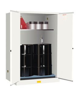 JUSTRITE 60 Gallon, 2 Drum Vertical, 1 Shelf, 2 Doors, Manual Close, Safety Cabinet With Drum Rollers, Sure-Grip® EX, White - 899065