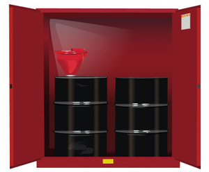 JUSTRITE 110 Gallon, 2 Drum Vertical, 1 Shelf, 2 Doors, Self Close, Flammable Cabinet With Drum Support, Sure-Grip® EX, Red - 899101 JUSTRITE 110 Gallon, 2 Drum Vertical, 1 Shelf, 2 Doors, Self Close, Flammable Cabinet With Drum Support, Sure-Grip® EX, Red - 899101