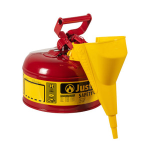 JUSTRITE 1 Gallon Steel Safety Can for Flammables, Type I, Funnel, Flame Arrester, Red - 7110110 JUSTRITE 1 Gallon Steel Safety Can for Flammables, Type I, Funnel, Flame Arrester, Red - 7110110