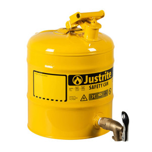 JUSTRITE 5 Gallon Steel Safety Can for Laboratories, Type I, Rigid Bottom Brass Faucet, Yellow - 7150250
