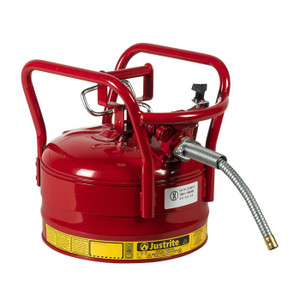 JUSTRITE 2.5 Gallon, 5/8" Metal Hose, Roll Bars, DOT Transport Steel Safety Can for Flammables, Type II, Accuflow™, Red - 7325120 JUSTRITE 2.5 Gallon, 5/8" Metal Hose, Roll Bars, DOT Transport Steel Safety Can for Flammables, Type II, Accuflow™, Red - 7325120