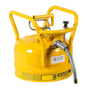 JUSTRITE 2.5 Gallon, 5/8" Metal Hose, Roll Bars, DOT Transport Steel Safety Can for Diesel, Type II, Accuflow™, Yellow - 7325220