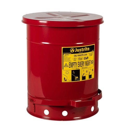 JUSTRITE 10 Gallon, Oily Waste Can, Hands-Free, Self-Closing Cover, SoundGard™, Red - 09308