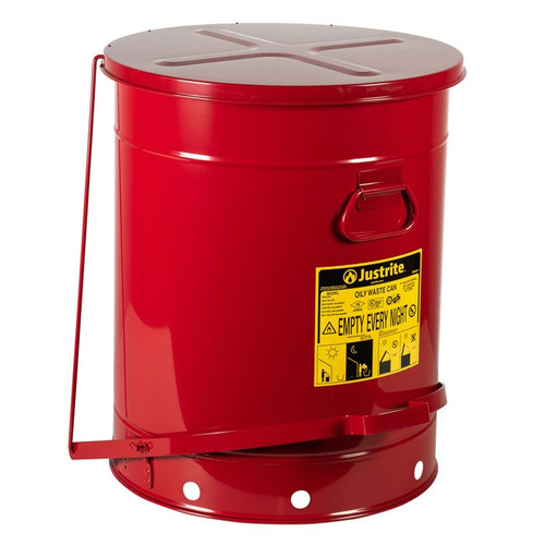 JUSTRITE  21 Gallon, Oily Waste Can, Hands-Free, Self-Closing Cover, SoundGard™, Red - 09708