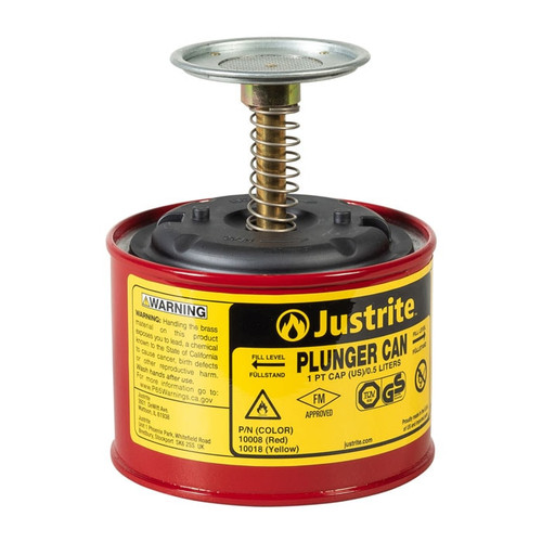 JUSTRITE 1 Pint Steel Plunger Dispensing Can, Perforated Pan Screen Serves as Flame Arrester, Red - 10008