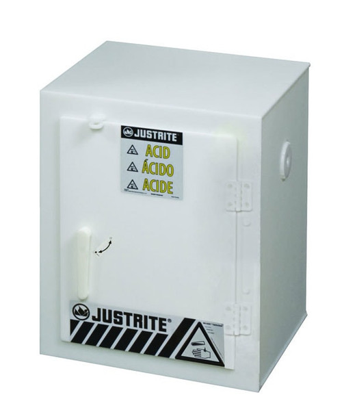 JUSTRITE Holds Six 2.5-Liter Bottles, 1 Door, Manual Close, Corrosives/Acids Plastic Safety Cabinet, Countertop, White - 24004