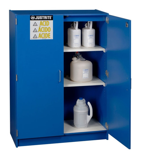 JUSTRITE Holds 49, 2.5-Liter Bottles, 2 Shelves, 2 Doors, Manual Close, Wood Laminate Corrosives Safety Cabinet, Blue - 24150