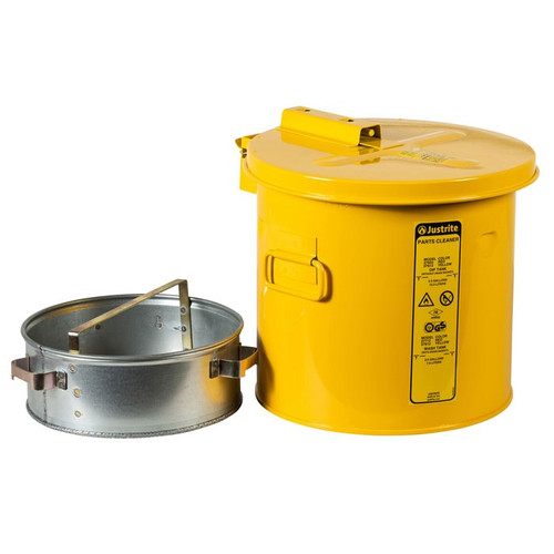 JUSTRITE 2 Gallon, Wash Tank With Basket for Small Parts Cleaning, Self-Close Cover with Fusible Link, Steel, Yellow - 27812