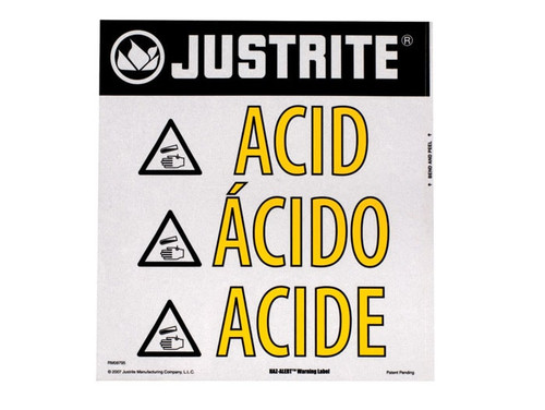 JUSTRITE Acid Warning Label for Safety Cabinets, Small, Haz-Alert - 29008